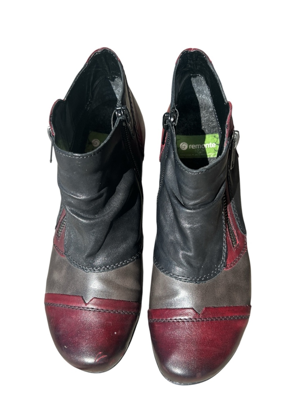 Remonte Burgundy, Black and Grey Leather Ankle Boots, Size 6